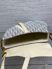 DIOR 25S SOFT SADDLE BAG 25 IN BLUE DIOR OBLIQUE CHAMBRAY AND IVORY SMOOTH CALFSKIN