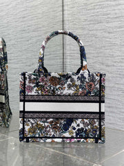 DIOR 25S LUCKY SMALL DIOR BOOK TOTE 26 IN MULTICOLOR DIOR FLOWERS CALENDAR ALLOVER EMBROIDERY