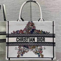 DIOR 25S LUCKY MEDIUM DIOR BOOK TOTE 36 IN WHITE MULTICOLOR DIOR STAR EMBROIDERY