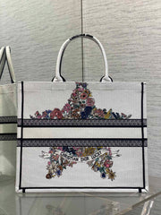 DIOR 25S LUCKY LARGE DIOR BOOK TOTE 42 IN WHITE MULTICOLOR DIOR STAR EMBROIDERY
