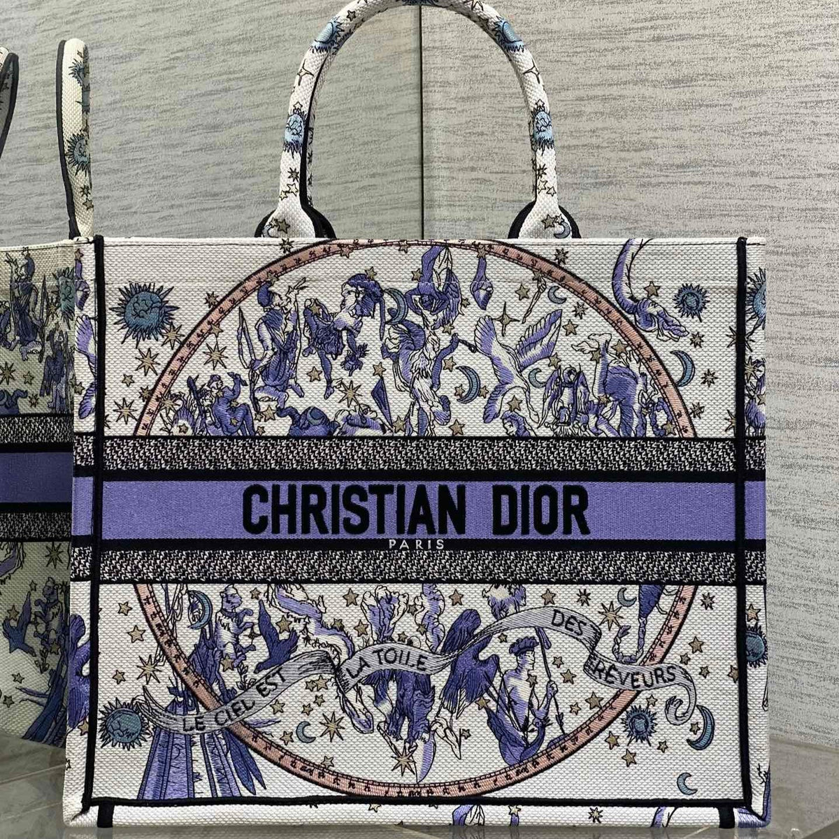 DIOR 25S LARGE BOOK TOTE 42 IN WHITE AND PURPLE DIOR NIGHT OF DREAMS EMBROIDERY