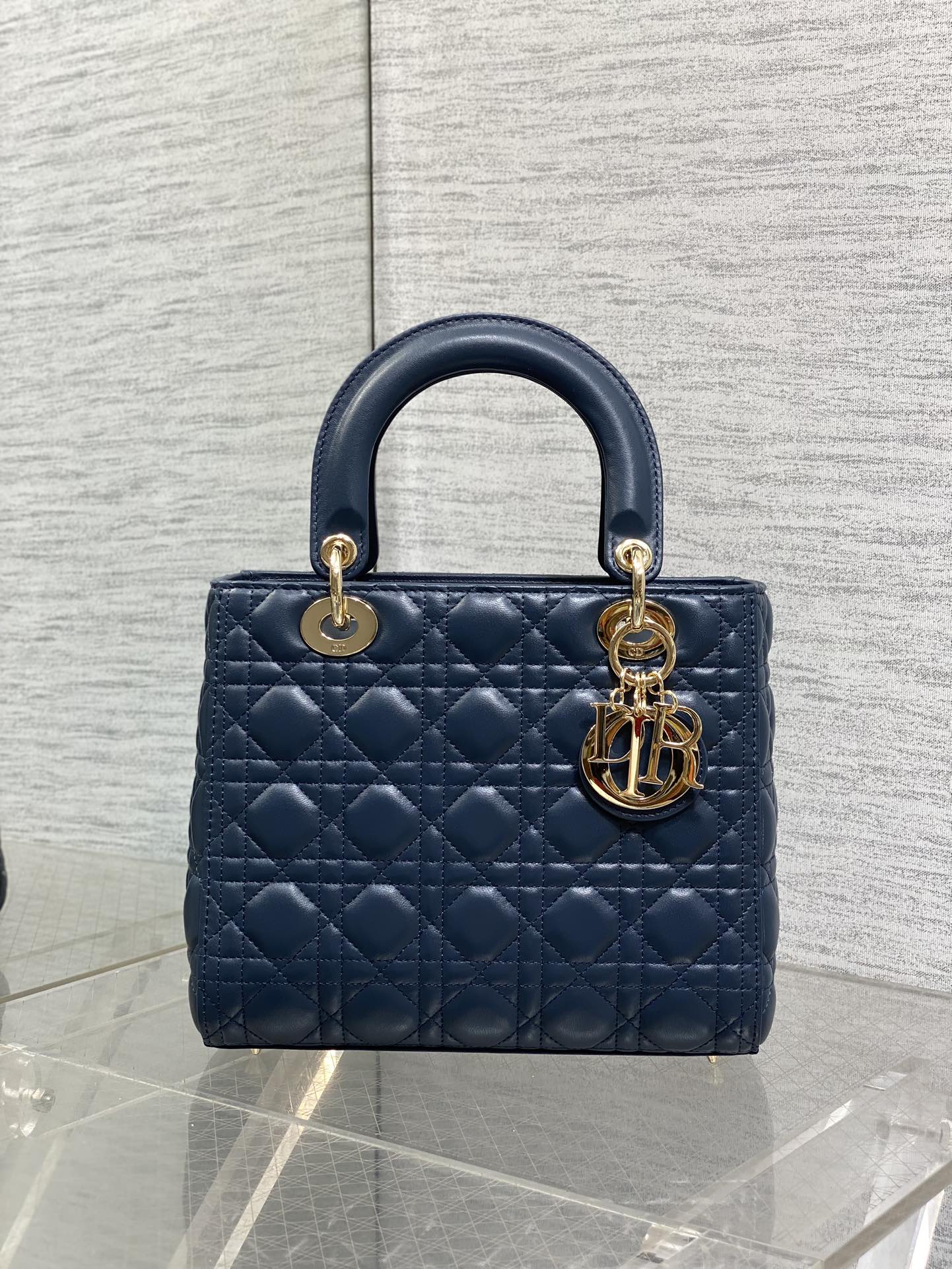 DIOR 25S MEDIUM LADY BAG 24 IN DEEP OCEAN BLUE CALFSKIN GOLD HARDWARE