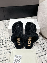 LW SHEARLING THONG SLIPPER IN BLACK