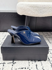 CHANEL 26S SQUARE-TOE HEELED MULES 95 MM IN CREAM MIX NAVY BLUE PATENT LAMBSKIN