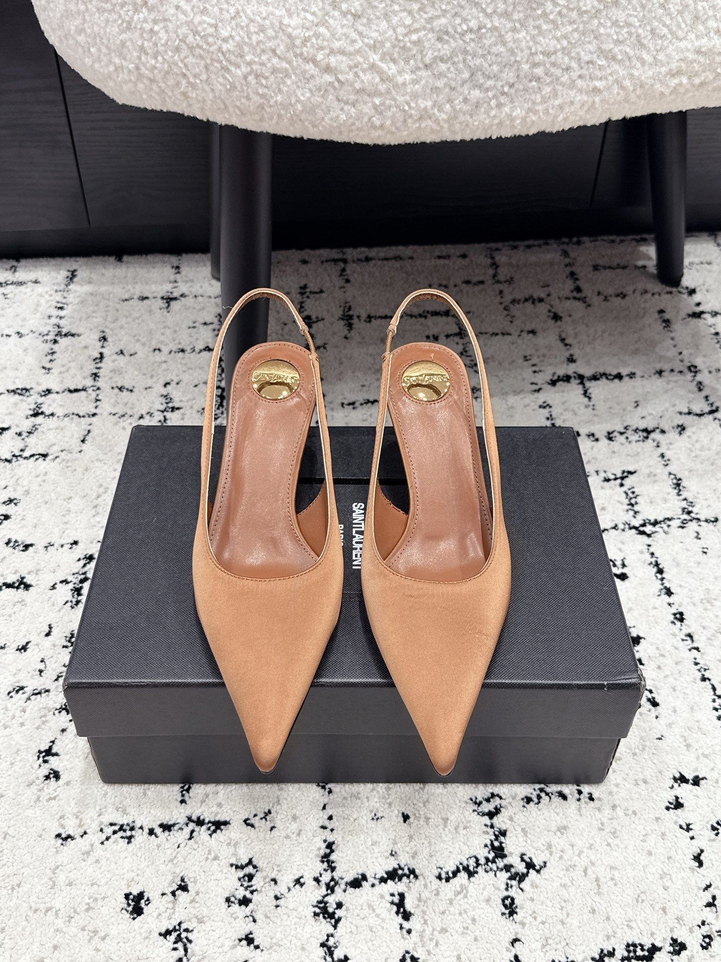 YSL 26S SLINGBACK PUMPS 60 MM IN CAMEL BROWN SATIN