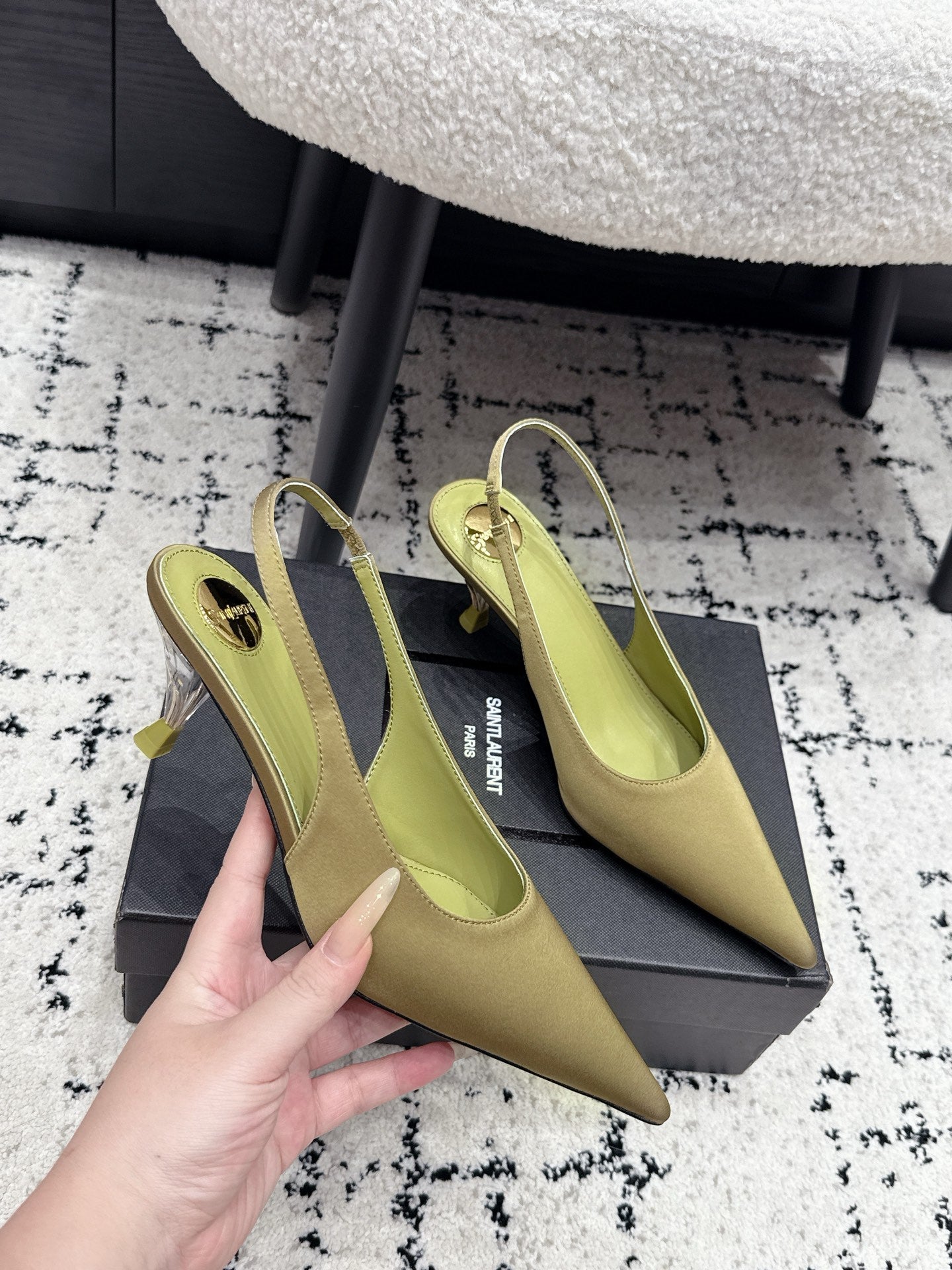 YSL 26S SLINGBACK PUMPS 60 MM IN OLIVE GREEN SATIN
