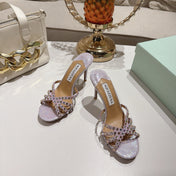 AQUAZZURA 26S HIGH-HEEL SANDALS 85 MM IN PASTEL PURPLE SNAKESKIN