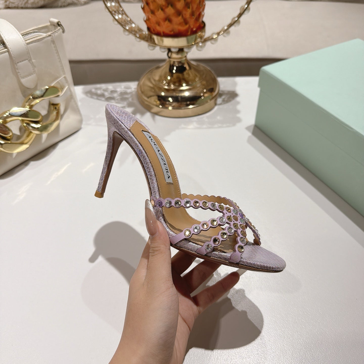 AQUAZZURA 26S HIGH-HEEL SANDALS 85 MM IN PASTEL PURPLE SNAKESKIN