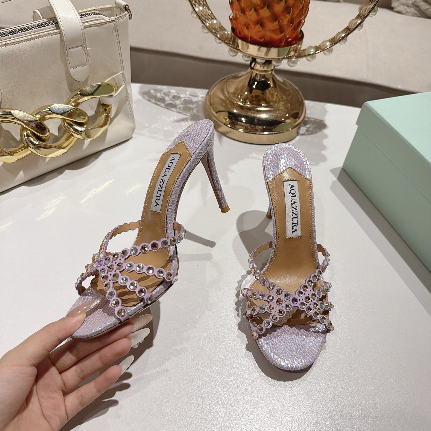 AQUAZZURA 26S HIGH-HEEL SANDALS 85 MM IN PASTEL PURPLE SNAKESKIN