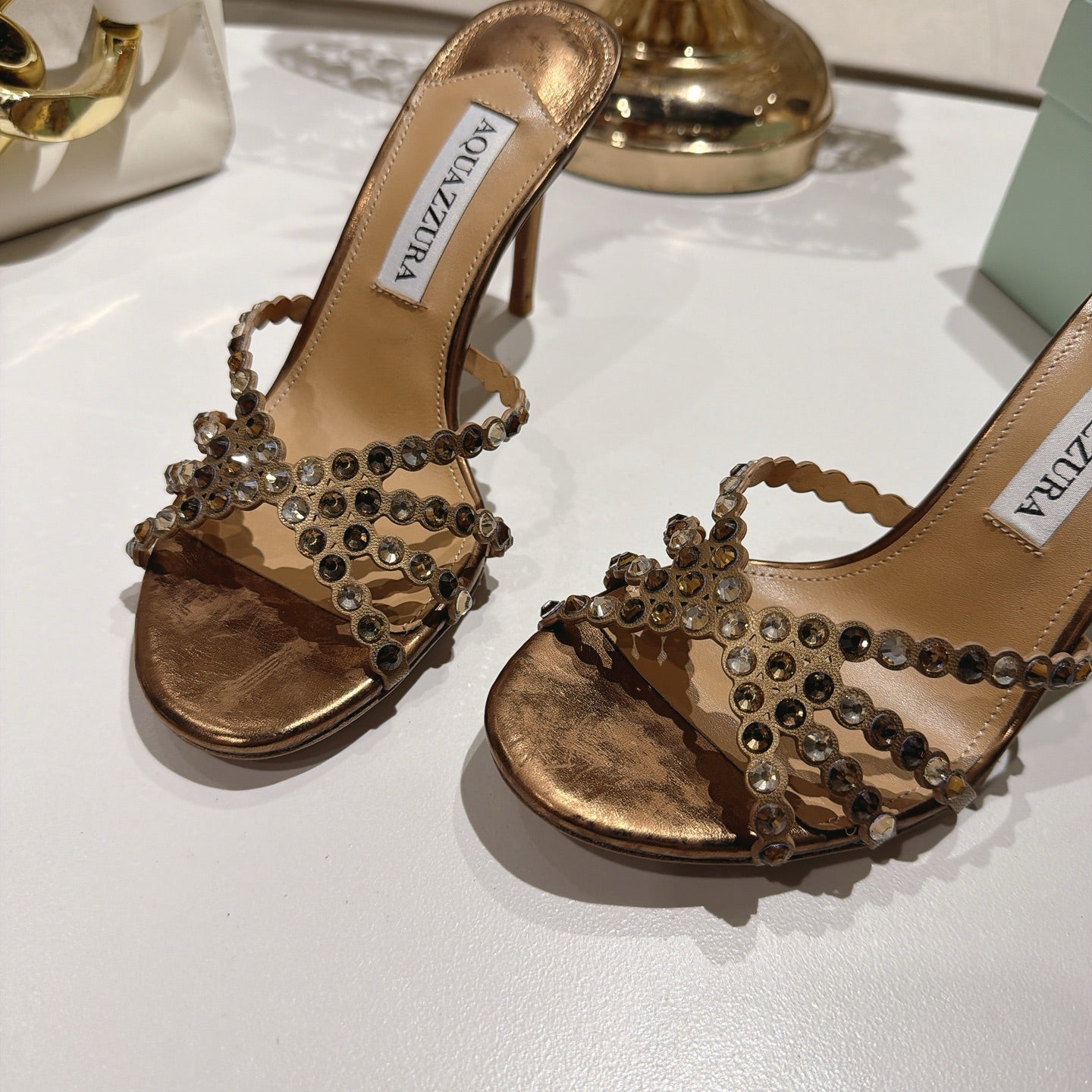AQUAZZURA 26S HIGH-HEEL SANDALS 85 MM IN METALLIC BRONZE CALFSKIN