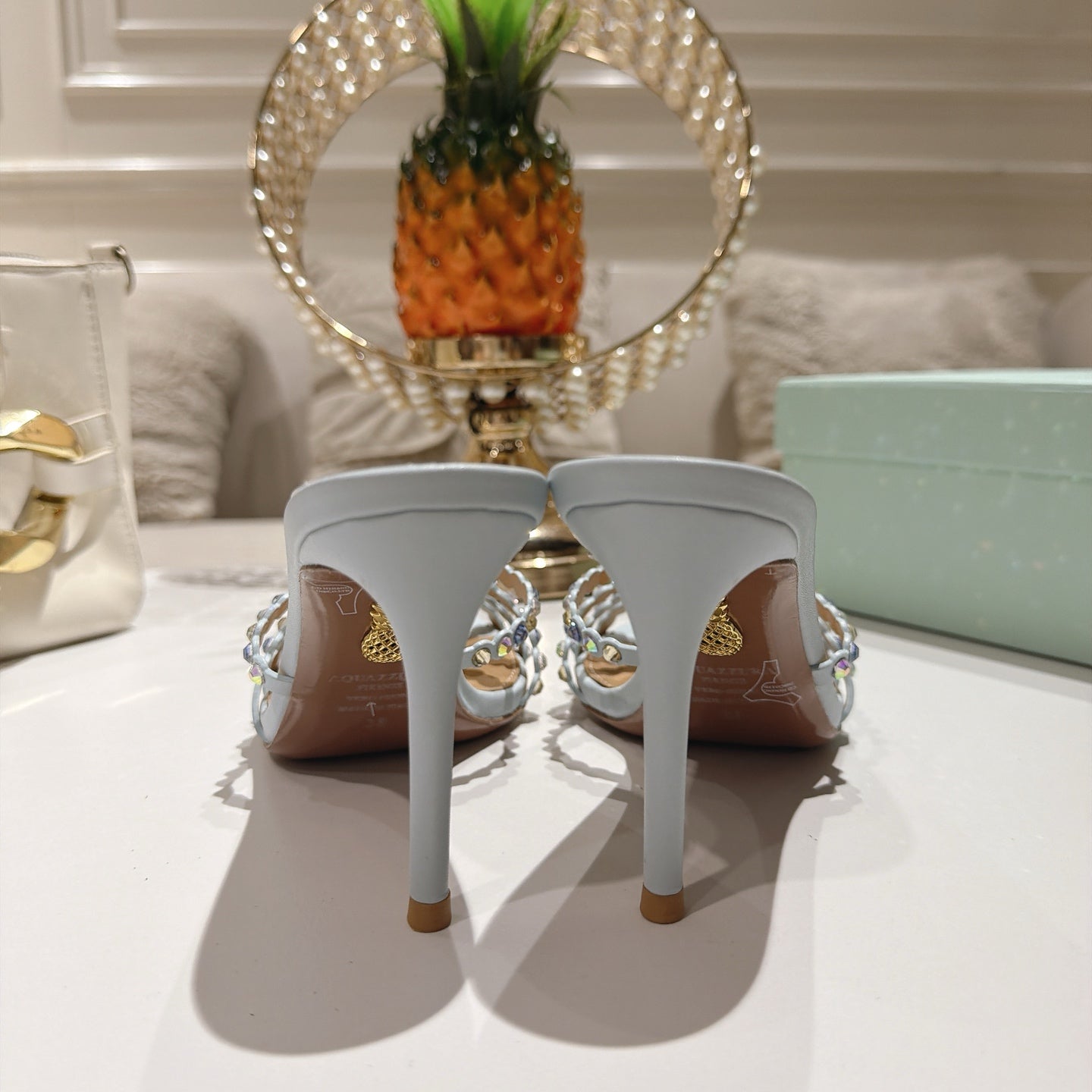 AQUAZZURA 26S HIGH-HEEL SANDALS 85 MM IN POWDER BLUE CALFSKIN