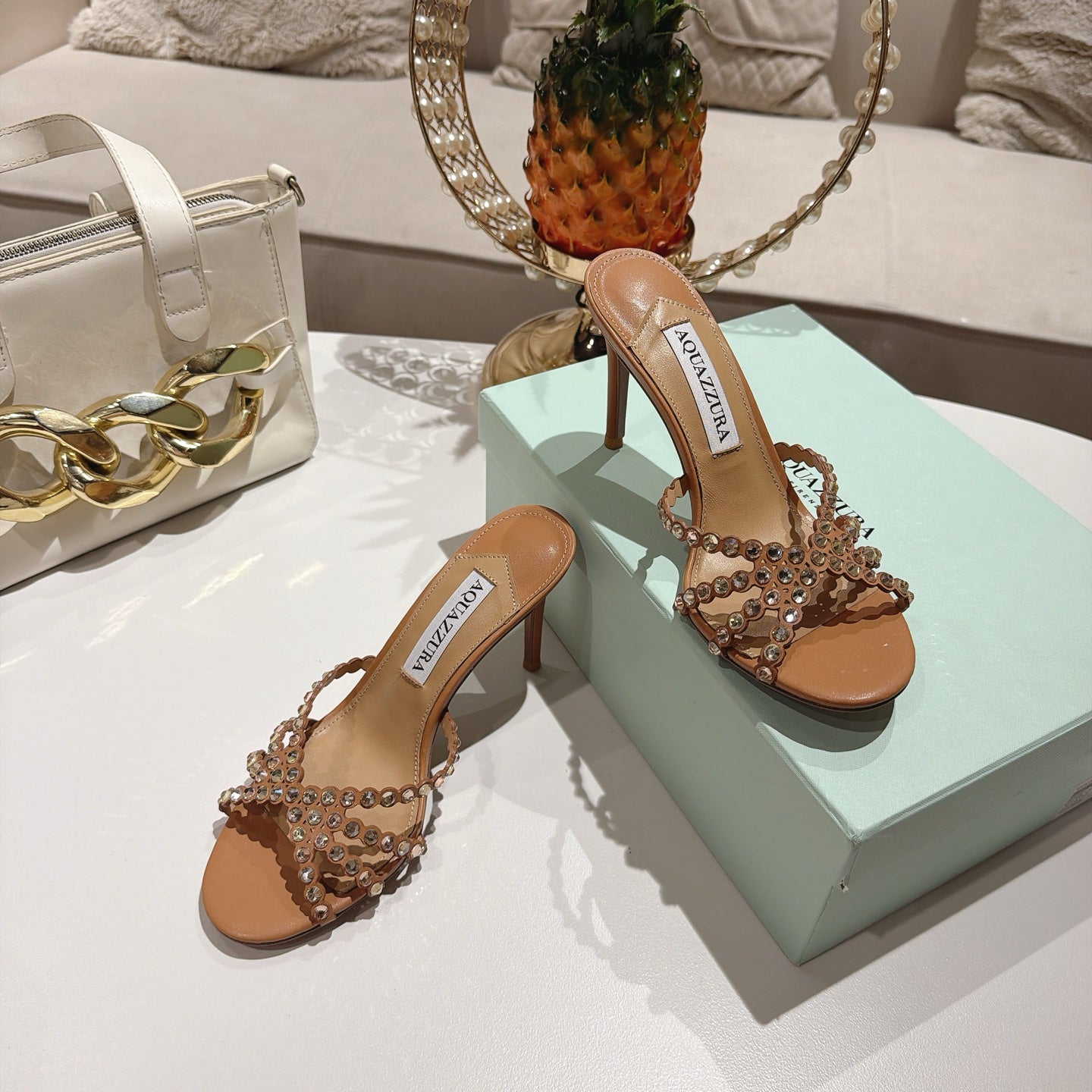 AQUAZZURA 26S HIGH-HEEL SANDALS 85 MM IN BROWN CALFSKIN