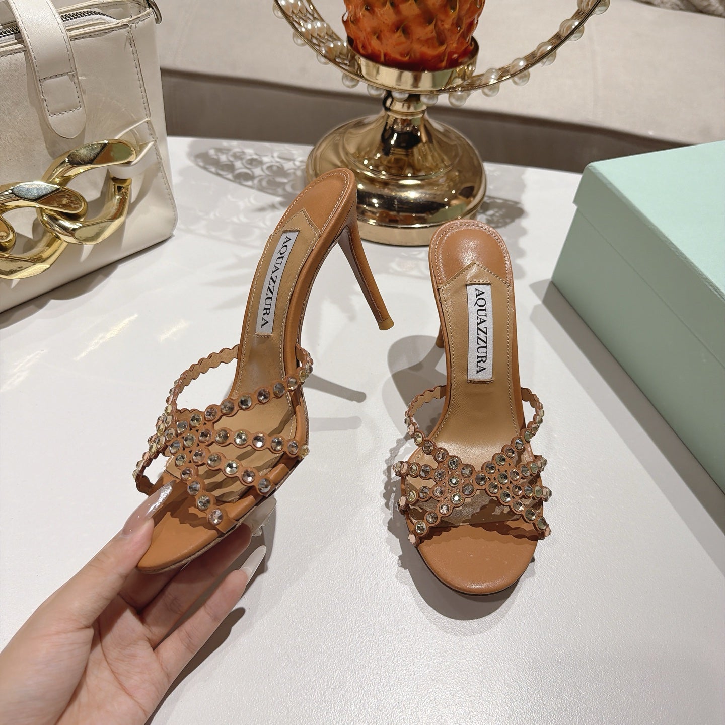 AQUAZZURA 26S HIGH-HEEL SANDALS 85 MM IN BROWN CALFSKIN