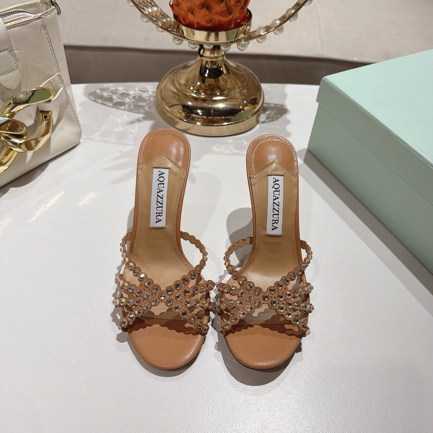 AQUAZZURA 26S HIGH-HEEL SANDALS 85 MM IN BROWN CALFSKIN