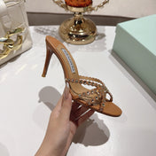 AQUAZZURA 26S HIGH-HEEL SANDALS 85 MM IN BROWN CALFSKIN