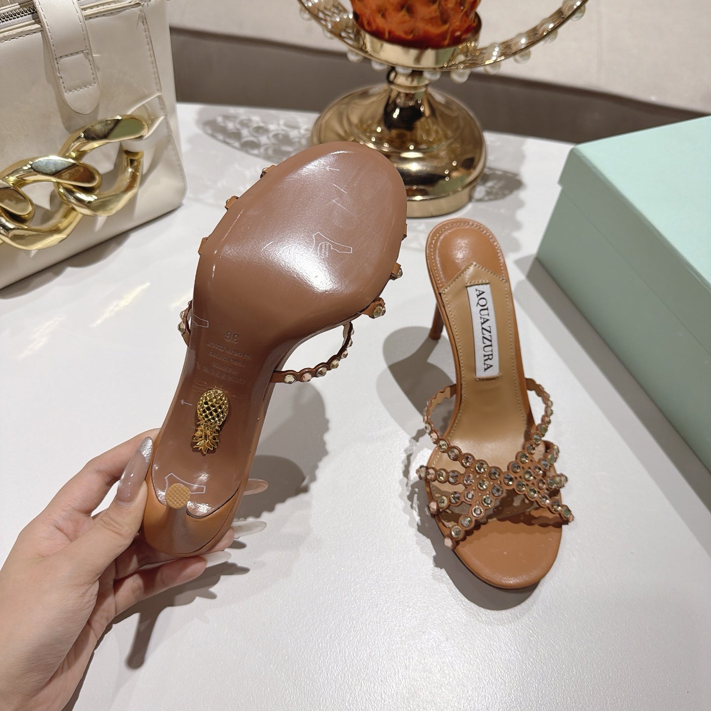 AQUAZZURA 26S HIGH-HEEL SANDALS 85 MM IN BROWN CALFSKIN