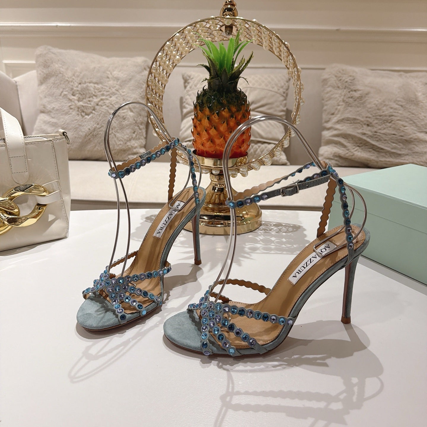 AQUAZZURA 26S HEELED SANDALS 100 MM IN GREY SUEDE RHINESTONE EMBELLISHED