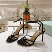 AQUAZZURA 26S HEELED SANDALS 100 MM IN BLACK SUEDE RHINESTONE EMBELLISHED