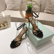 AQUAZZURA 26S HEELED SANDALS 100 MM IN BLACK SUEDE RHINESTONE EMBELLISHED