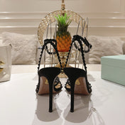 AQUAZZURA 26S HEELED SANDALS 100 MM IN BLACK SUEDE RHINESTONE EMBELLISHED