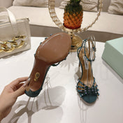 AQUAZZURA 26S HEELED SANDALS 100 MM IN DARK TEAL GREEN SUEDE RHINESTONE EMBELLISHED