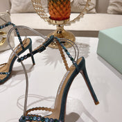 AQUAZZURA 26S HEELED SANDALS 100 MM IN DARK TEAL GREEN SUEDE RHINESTONE EMBELLISHED