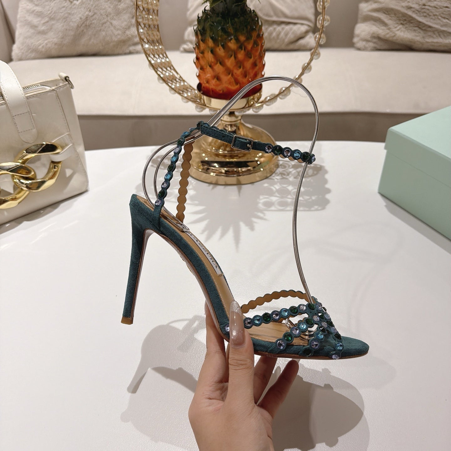AQUAZZURA 26S HEELED SANDALS 100 MM IN DARK TEAL GREEN SUEDE RHINESTONE EMBELLISHED