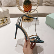 AQUAZZURA 26S HEELED SANDALS 100 MM IN DARK TEAL GREEN SUEDE RHINESTONE EMBELLISHED