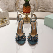 AQUAZZURA 26S HEELED SANDALS 100 MM IN DARK TEAL GREEN SUEDE RHINESTONE EMBELLISHED