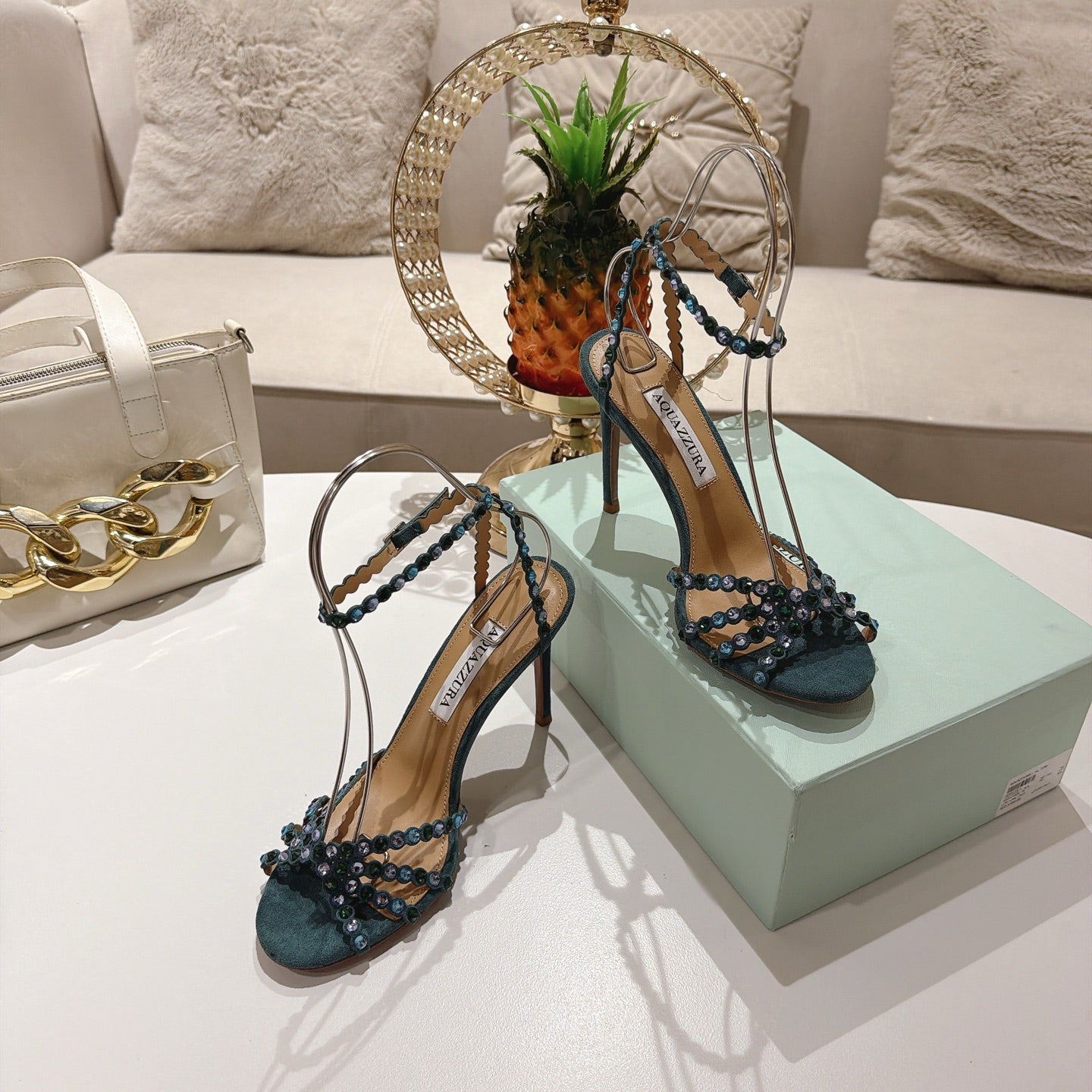 AQUAZZURA 26S HEELED SANDALS 100 MM IN DARK TEAL GREEN SUEDE RHINESTONE EMBELLISHED