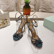 AQUAZZURA 26S HEELED SANDALS 100 MM IN DARK TEAL GREEN SUEDE RHINESTONE EMBELLISHED