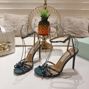 AQUAZZURA 26S HEELED SANDALS 100 MM IN DARK TEAL GREEN SUEDE RHINESTONE EMBELLISHED
