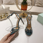 AQUAZZURA 26S HEELED SANDALS 100 MM IN DARK TEAL GREEN SUEDE RHINESTONE EMBELLISHED