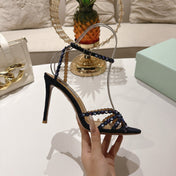 AQUAZZURA 26S HEELED SANDALS 100 MM IN DARK PURPLE SUEDE RHINESTONE EMBELLISHED