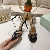 AQUAZZURA 26S HEELED SANDALS 100 MM IN DARK PURPLE SUEDE RHINESTONE EMBELLISHED