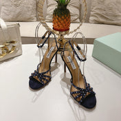 AQUAZZURA 26S HEELED SANDALS 100 MM IN DARK PURPLE SUEDE RHINESTONE EMBELLISHED