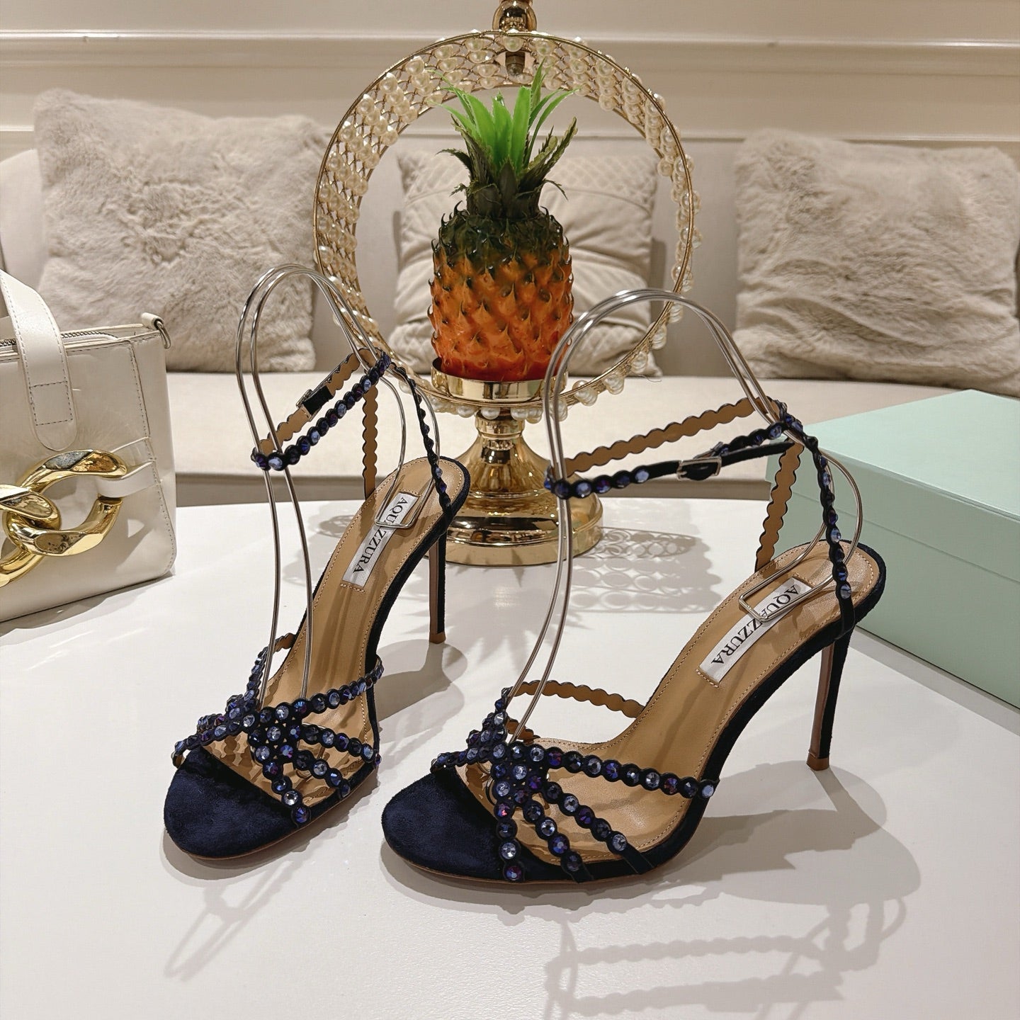 AQUAZZURA 26S HEELED SANDALS 100 MM IN DARK PURPLE SUEDE RHINESTONE EMBELLISHED