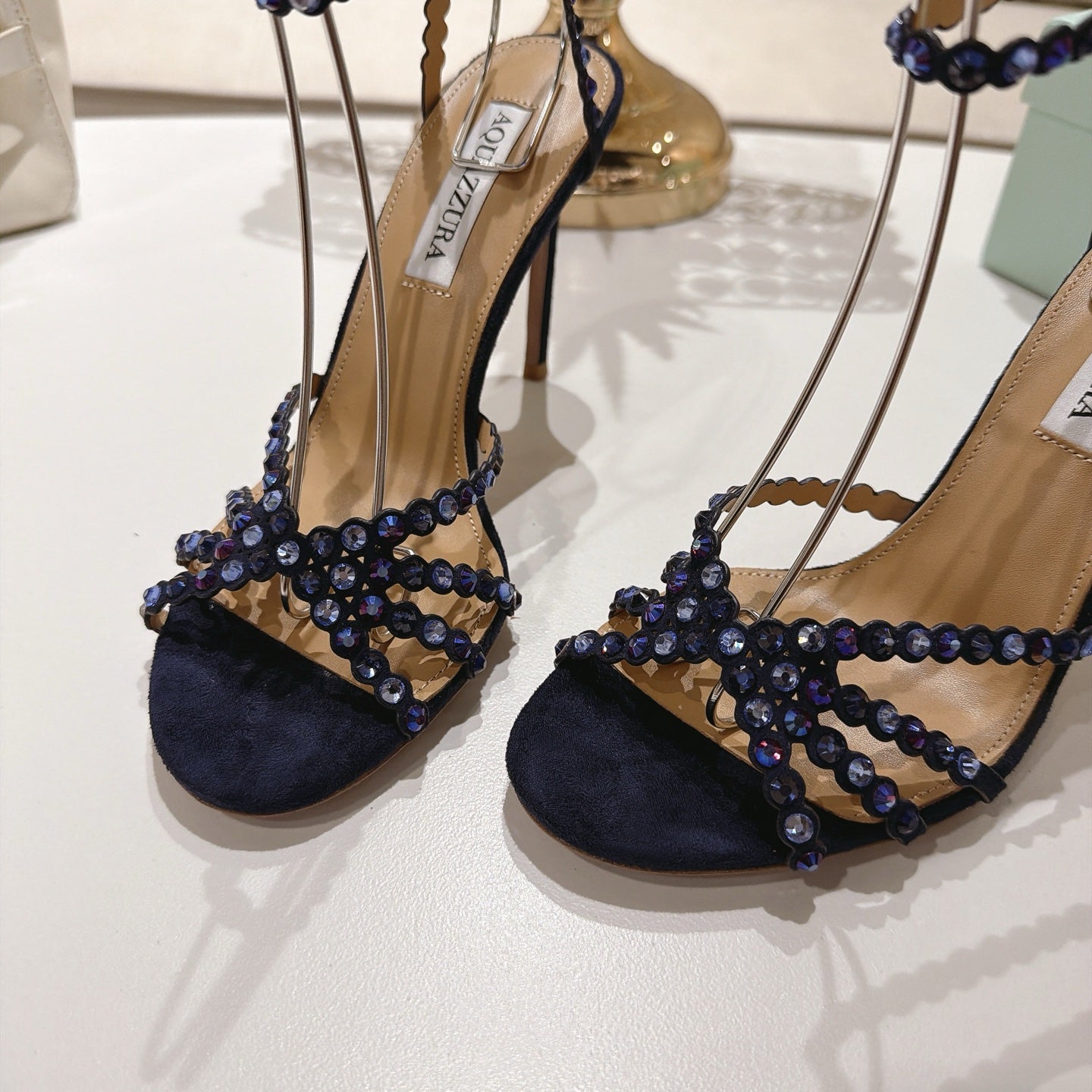 AQUAZZURA 26S HEELED SANDALS 100 MM IN DARK PURPLE SUEDE RHINESTONE EMBELLISHED