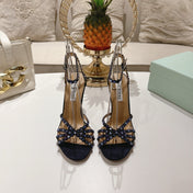 AQUAZZURA 26S HEELED SANDALS 100 MM IN DARK PURPLE SUEDE RHINESTONE EMBELLISHED