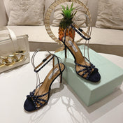 AQUAZZURA 26S HEELED SANDALS 100 MM IN DARK PURPLE SUEDE RHINESTONE EMBELLISHED