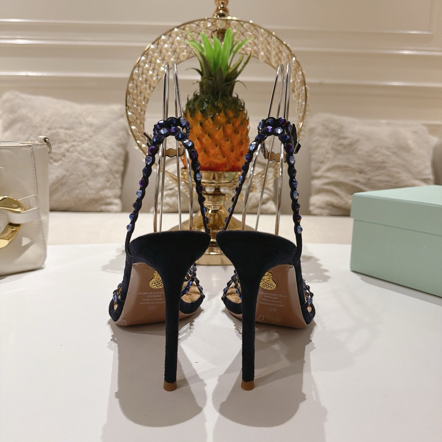 AQUAZZURA 26S HEELED SANDALS 100 MM IN DARK PURPLE SUEDE RHINESTONE EMBELLISHED