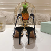 AQUAZZURA 26S HEELED SANDALS 100 MM IN DARK PURPLE SUEDE RHINESTONE EMBELLISHED