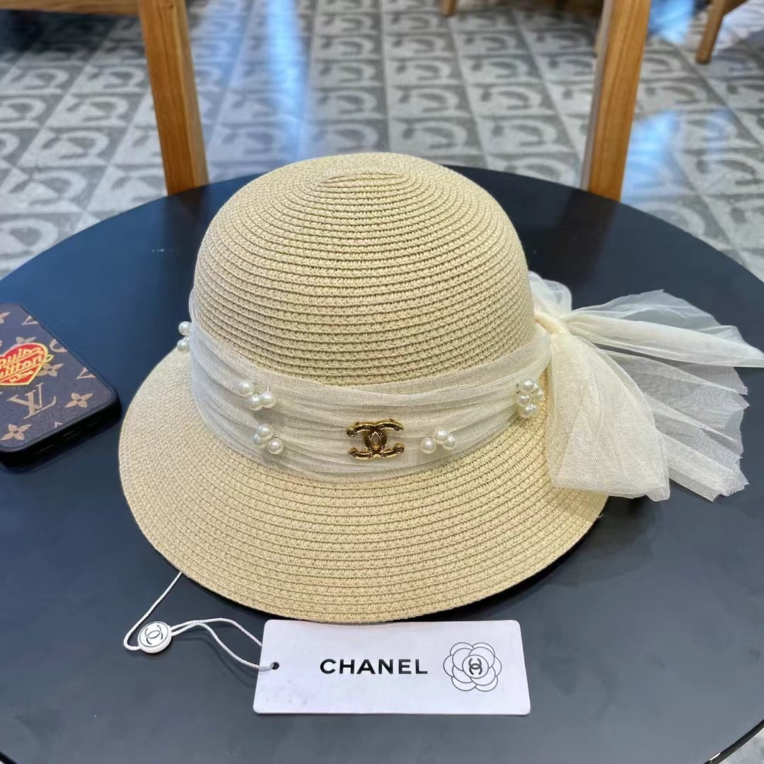 STRAW HAT BOW WITH PEARL IVORY 672698