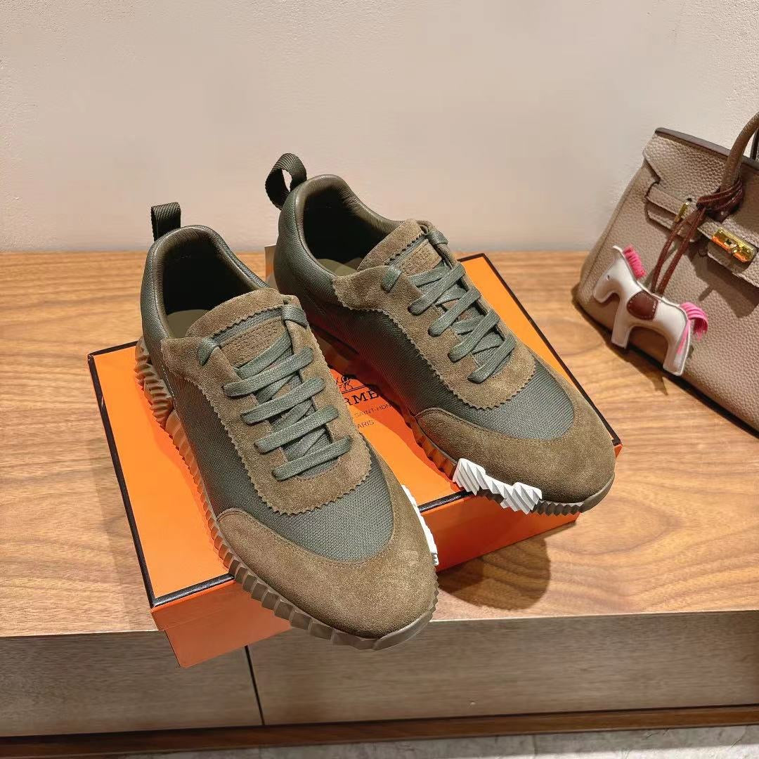 HM 26S SNEAKERS IN MOSS GREEN FABRIC AND BROWN SUEDE