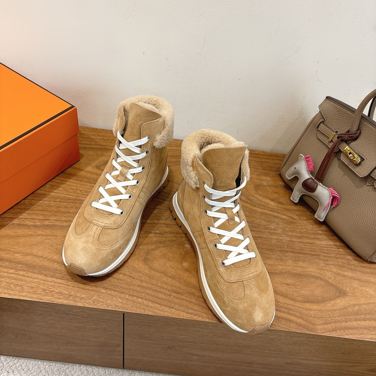 HM 26S FUR-LINED HIGH TOP SNEAKERS IN WARM BEIGE SUEDE