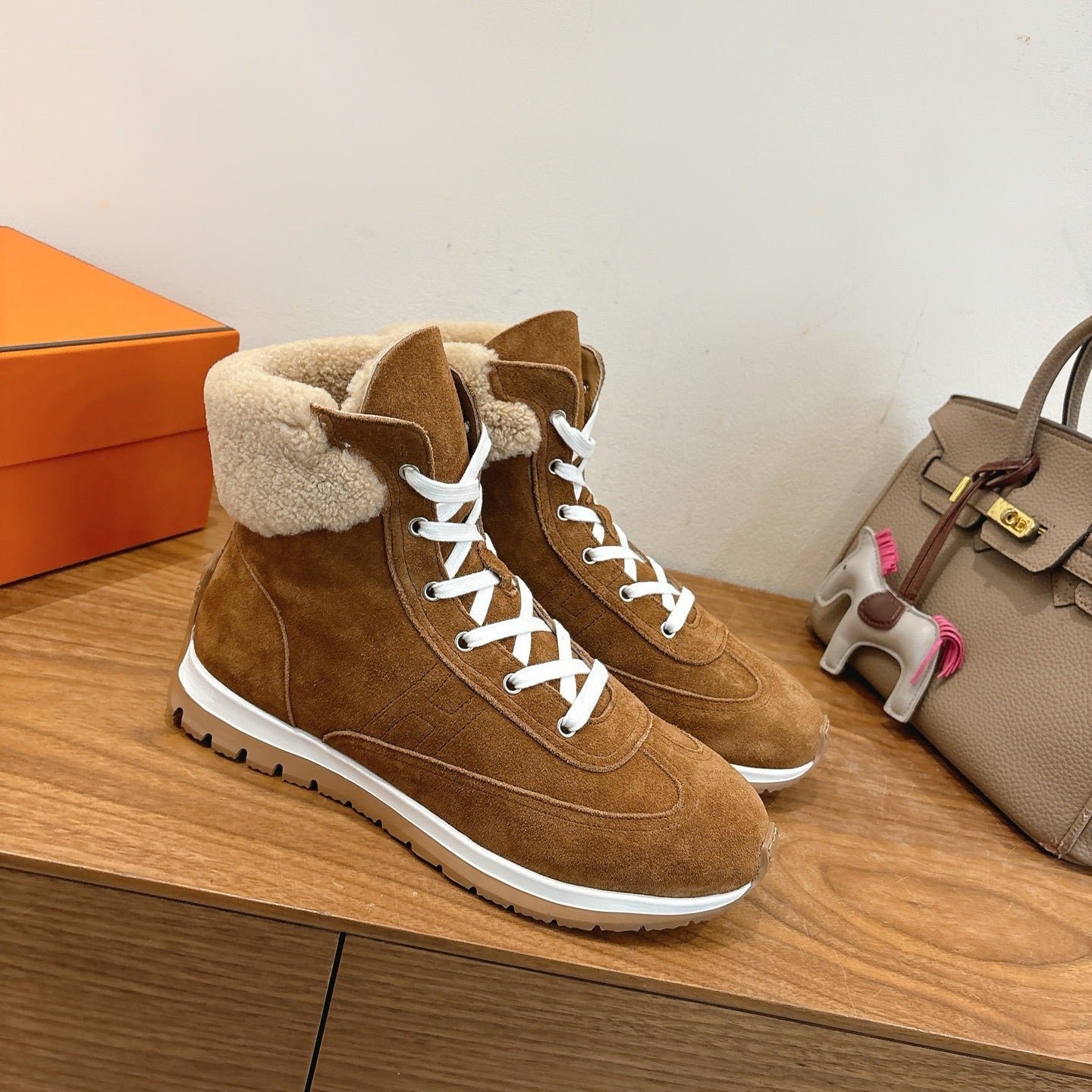 HM 26S FUR-LINED HIGH TOP SNEAKERS IN BROWN SUEDE