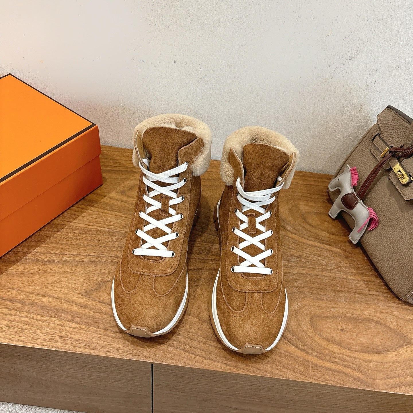 HM 26S FUR-LINED HIGH TOP SNEAKERS IN BROWN SUEDE