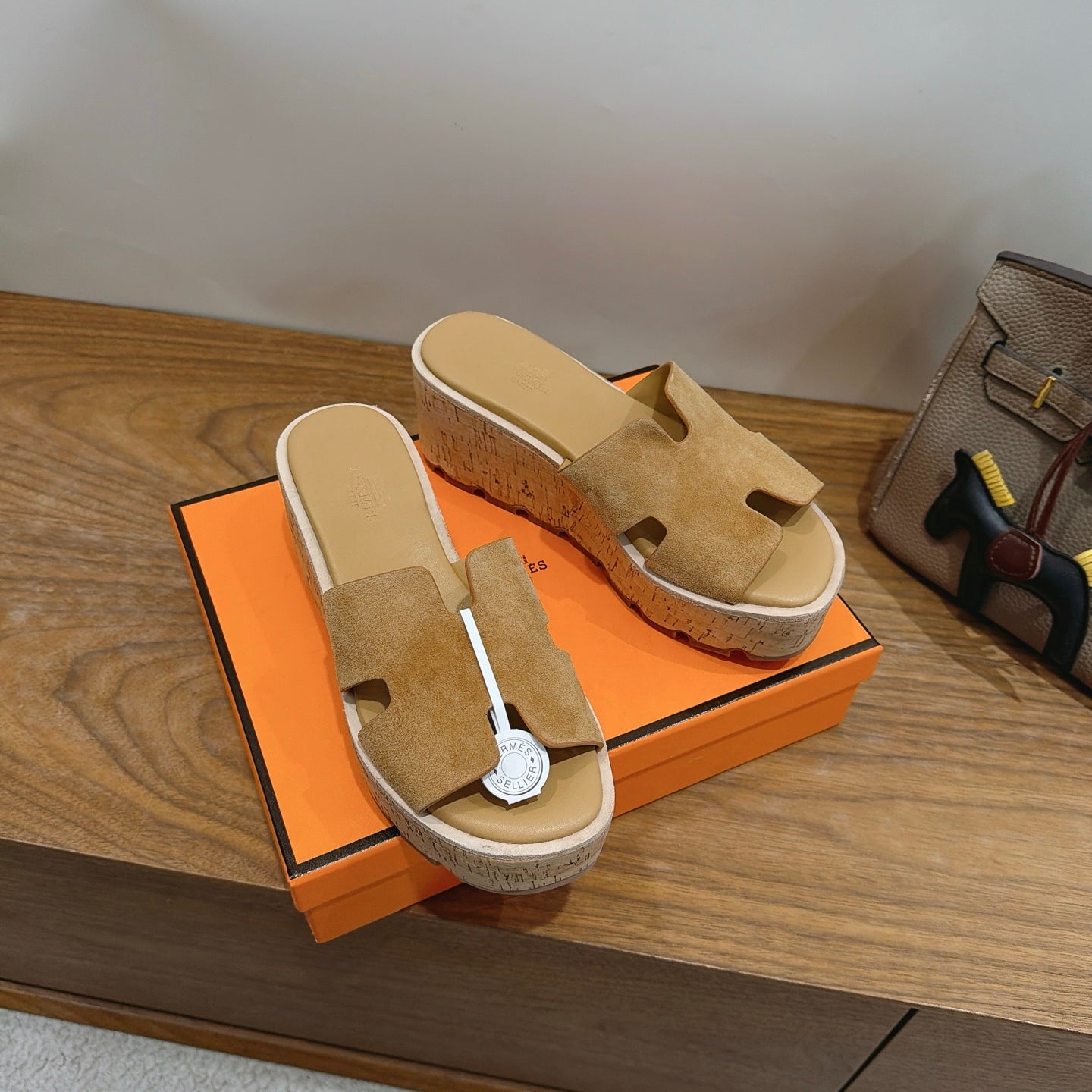 HM 26S WEDGE SANDALS IN DARK BEIGE SUEDE AND LAMBSKIN