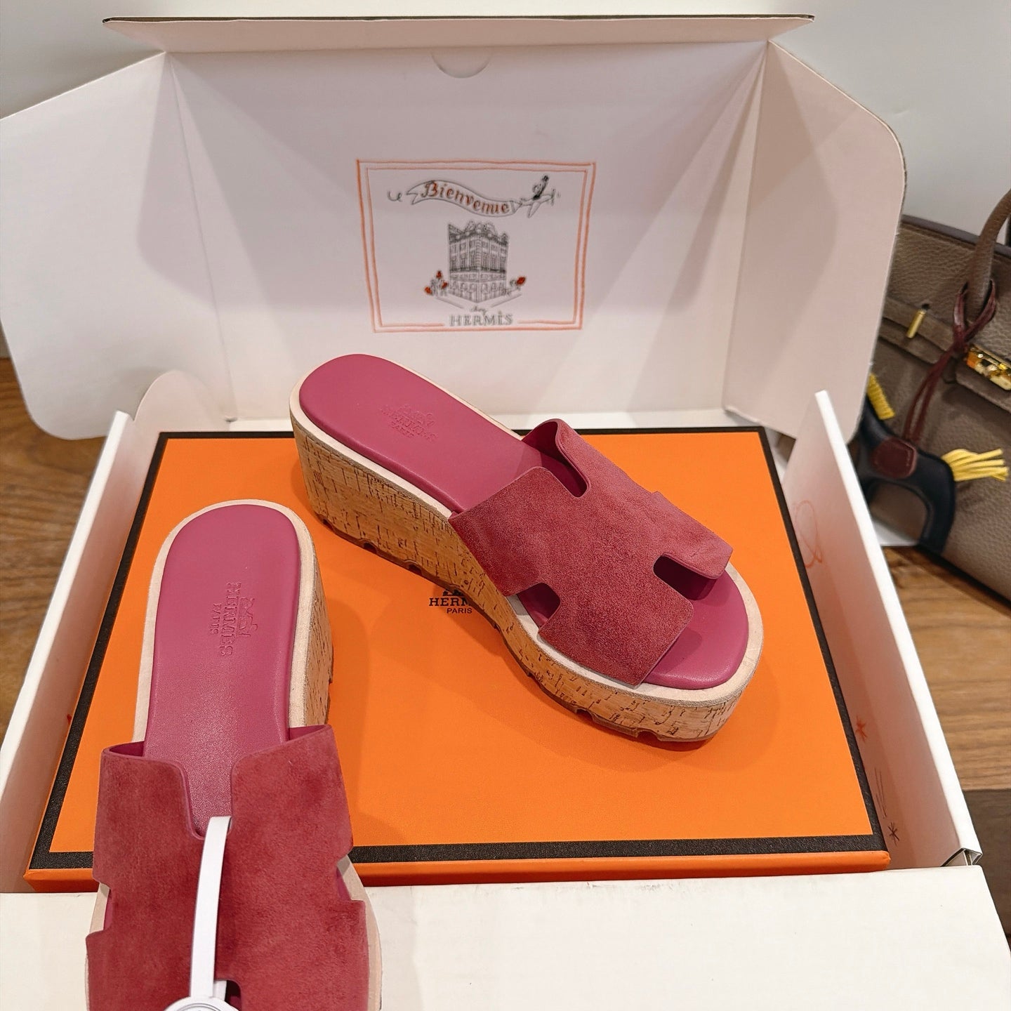 HM 26S WEDGE SANDALS IN DARK PINK SUEDE AND LAMBSKIN