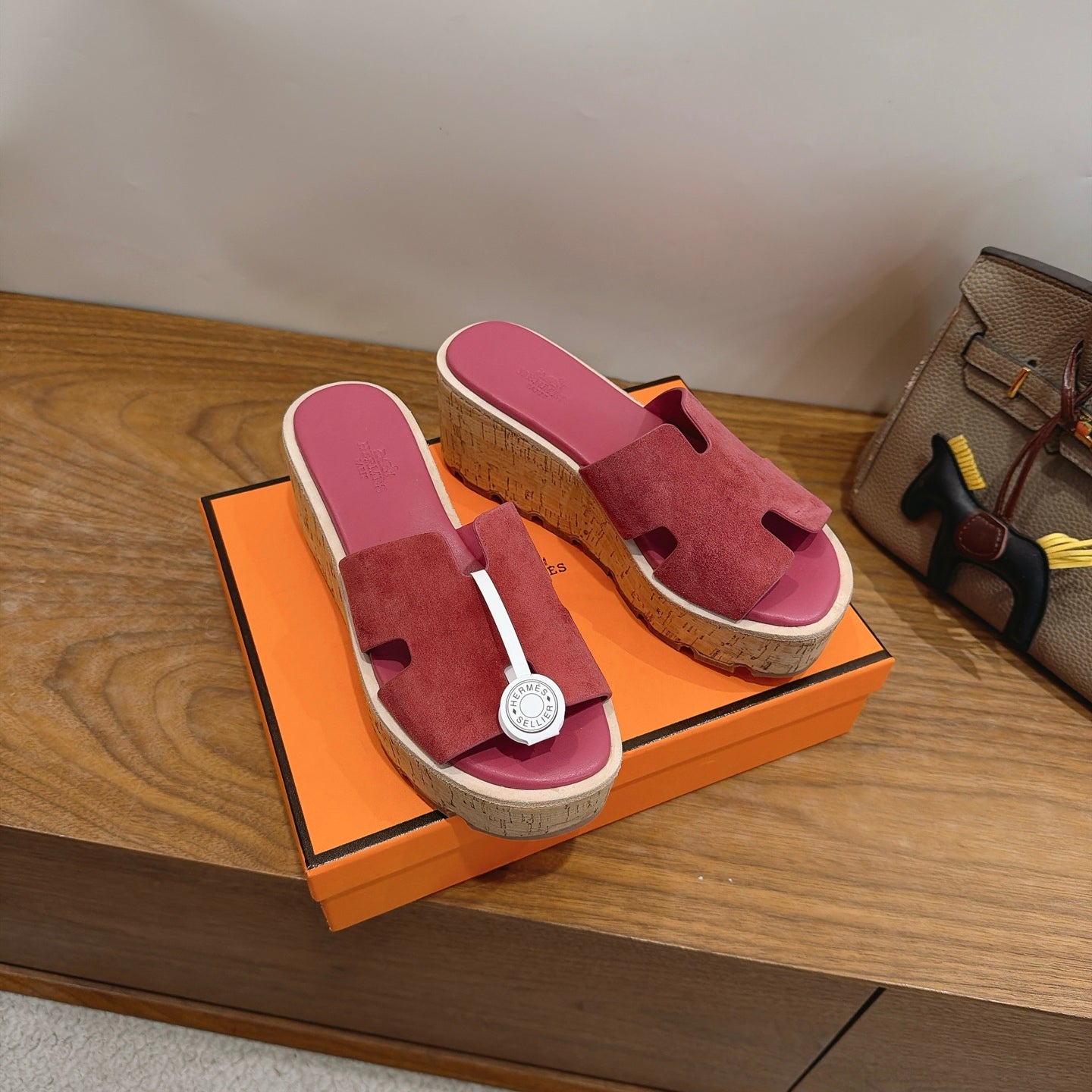HM 26S WEDGE SANDALS IN DARK PINK SUEDE AND LAMBSKIN